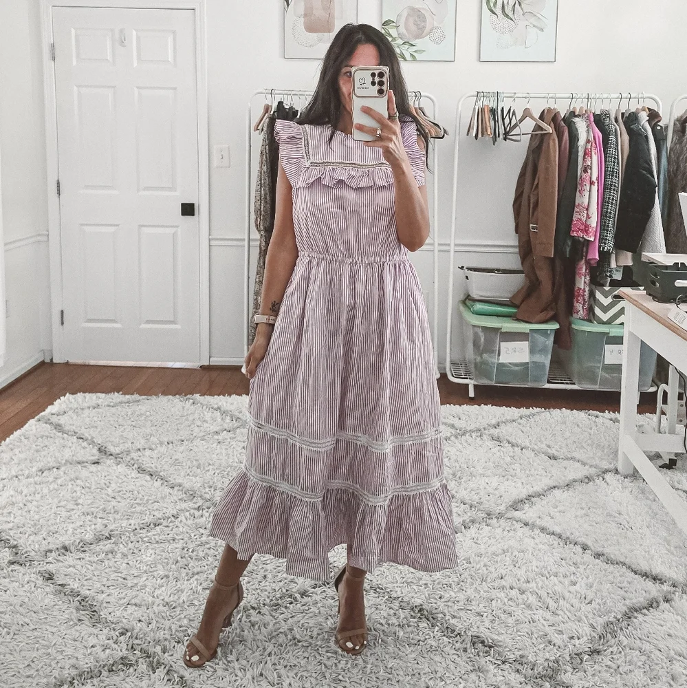 J.Crew Lavender Stripe Ruffle Tiered Midi Dress Size S - Picture 4 of 12